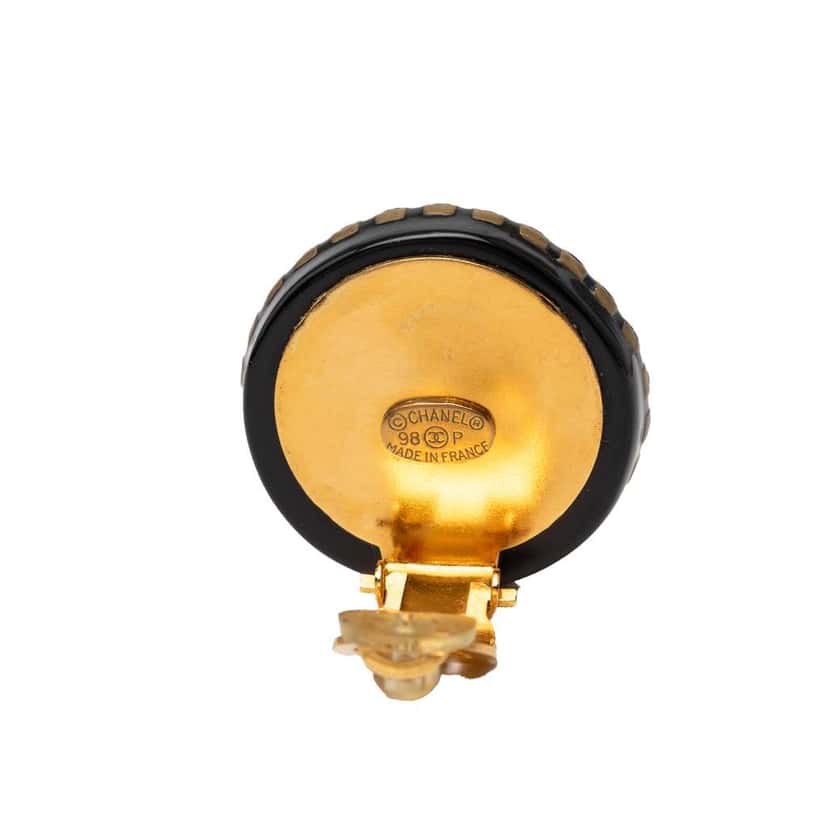 Chanel CC Resin and Crystal Round Clip On Earrings Black Very good condition - Inside View