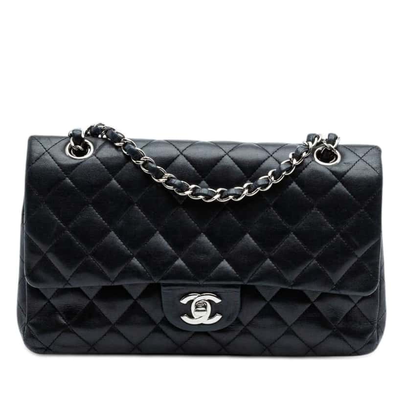 Chanel Medium Classic Lambskin Double Flap Black Leather Very good condition - Front View