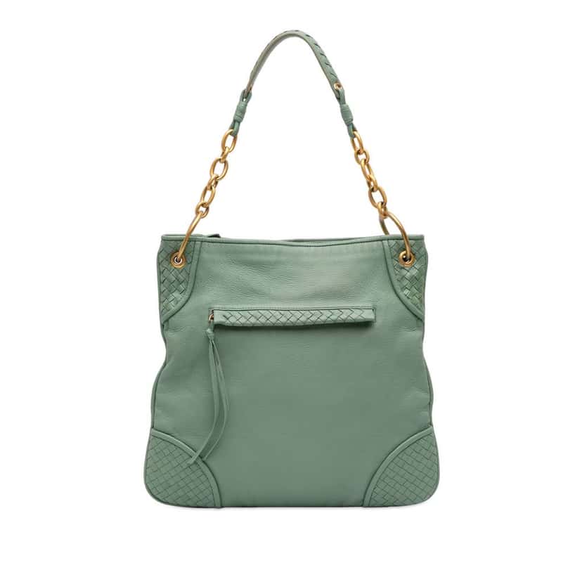 Bottega Veneta Intrecciato Trimmed Leather Shoulder Bag Green Leather Very good condition - Front View