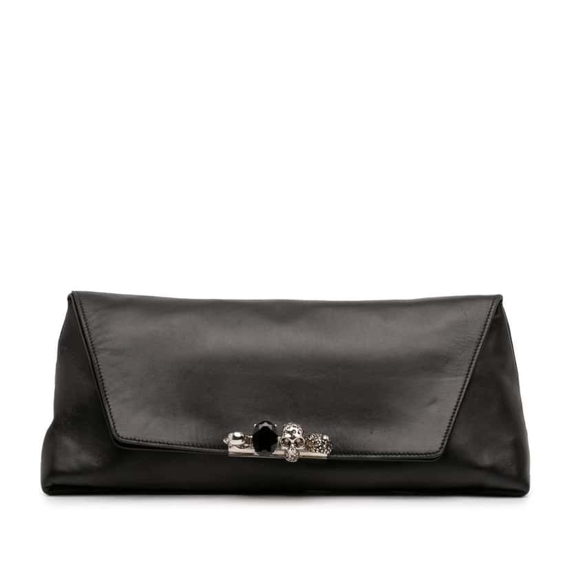 Alexander Mcqueen Large Calfskin Skull Knuckle Duster Fold Over Clutch Black Leather Good condition - Front View