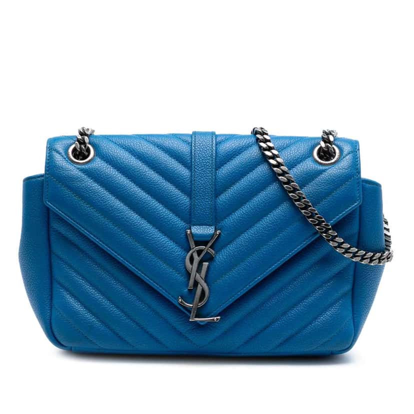 Saint Laurent Medium Chevron Sheepskin Monogram College Shoulder Bag Blue Leather Good condition - Front View