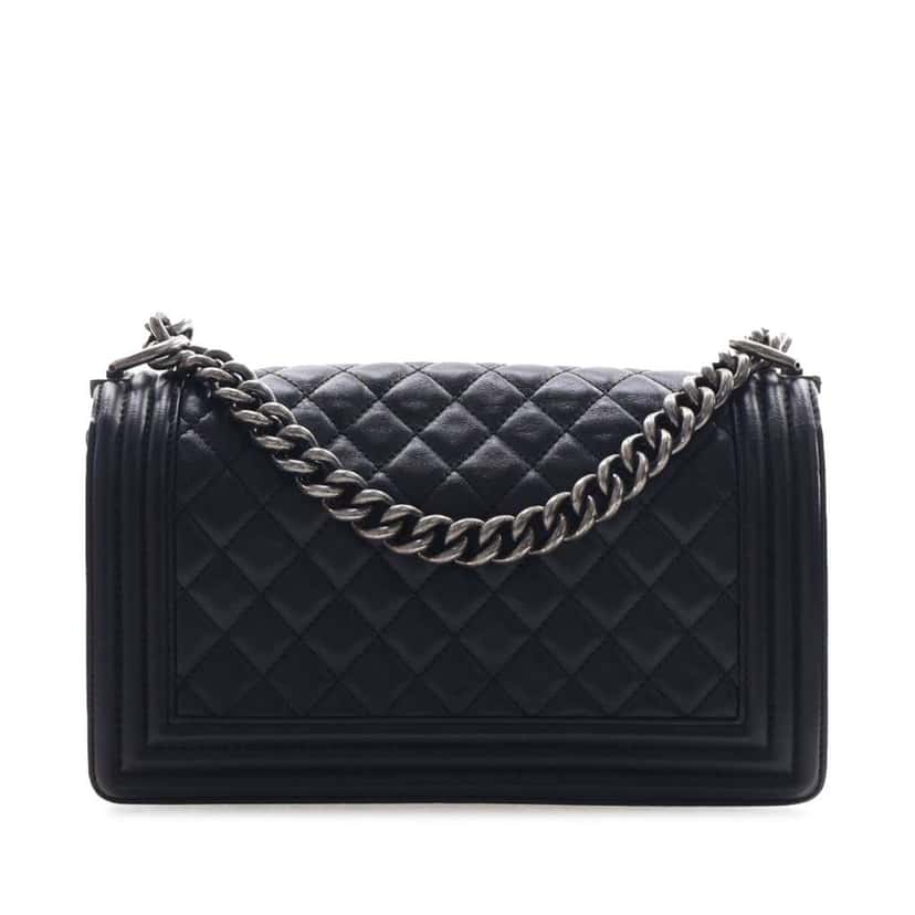 Chanel Old Medium Quilted Lambskin Boy Flap Black Leather Good condition - Back View