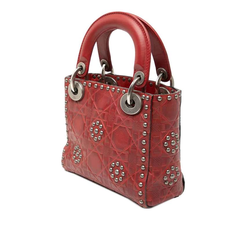 Dior Mini Embossed Calfskin Cannage Studded Flower Lady Dior Red Leather Good condition - Back View