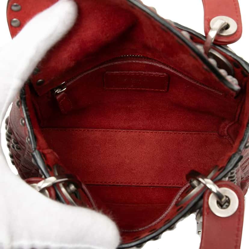Dior Mini Embossed Calfskin Cannage Studded Flower Lady Dior Red Leather Good condition - Model View