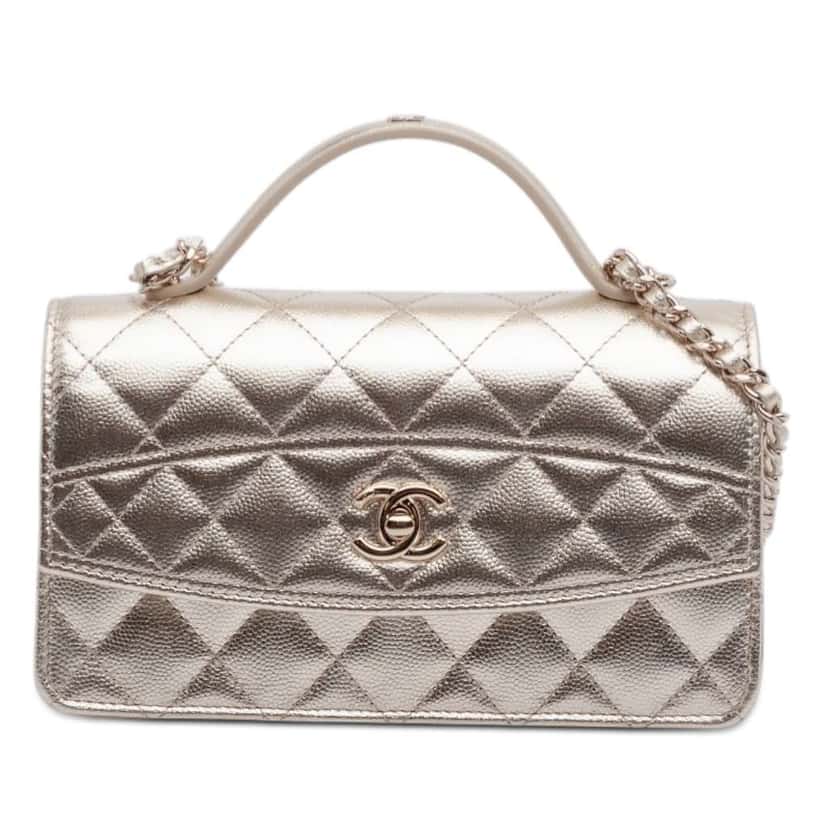 Chanel CC Quilted Metallic Caviar Top Handle Wallet on Chain Gold Leather Good condition - Front View