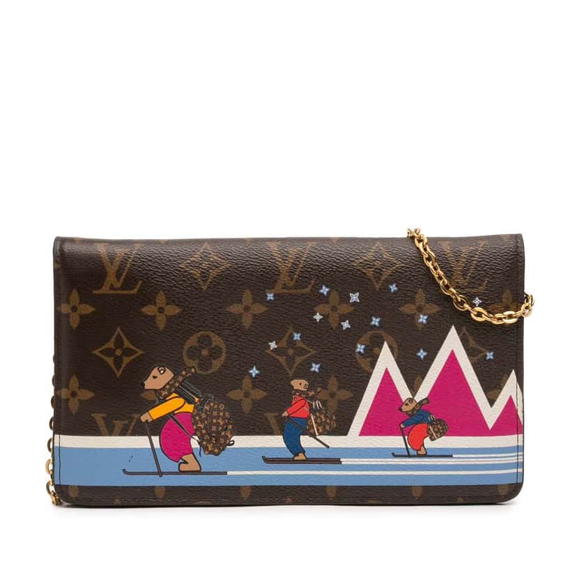 Louis Vuitton Monogram Christmas Animation Bears on Skis Pochette Weekend Chain Wallet Brown Very good condition - Front View