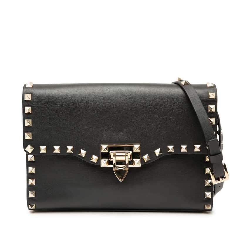 Valentino Small Leather Rockstud Flap Crossbody Black Leather Good condition - Front View