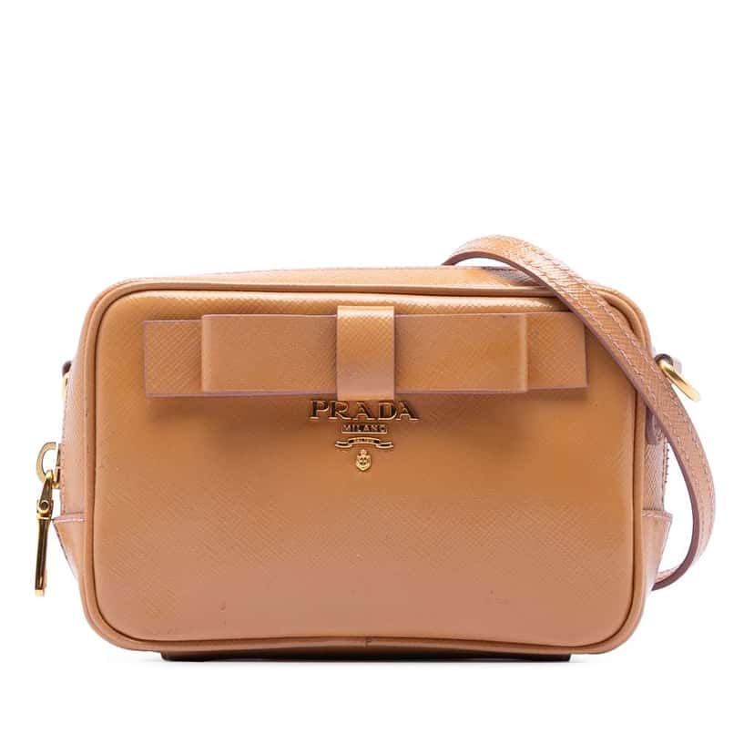 Prada Saffiano Vernice Bow Camera Bag Brown Leather Good condition - Front View