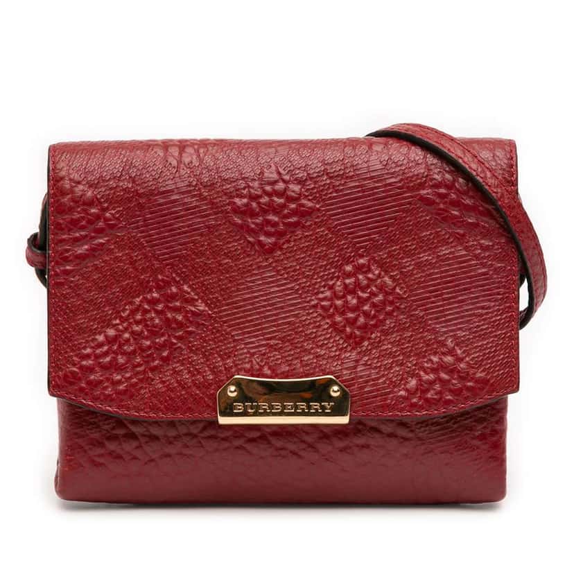Burberry Embossed Grain Check Leather Langley Crossbody Red Leather Good condition - Front View