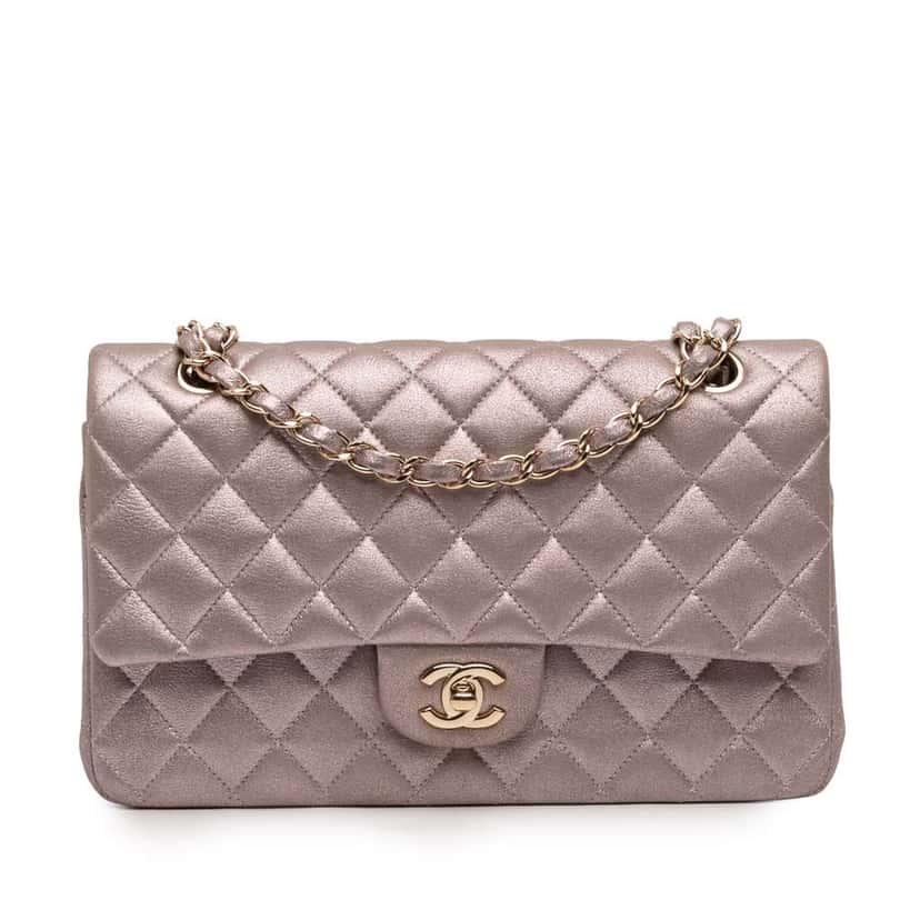 Chanel Medium Classic Iridescent Lambskin Double Flap Pink Leather Good condition - Front View