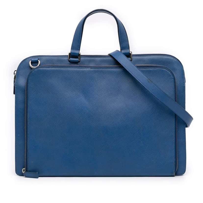 Prada Saffiano Cuir Travel Front Zip Pocket Briefcase Blue Leather Good condition - Front View