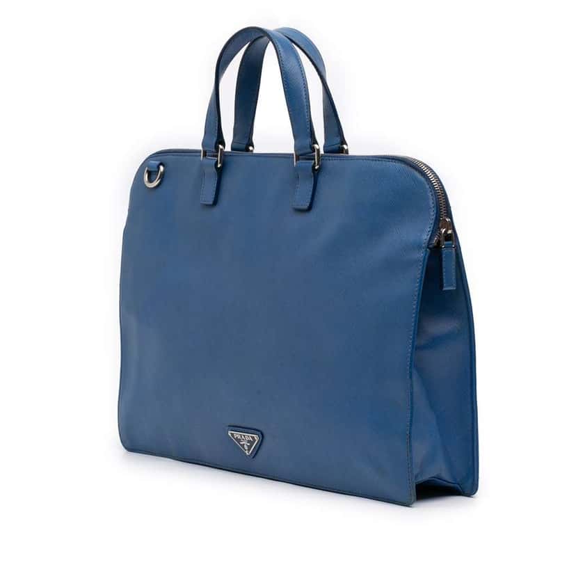 Prada Saffiano Cuir Travel Front Zip Pocket Briefcase Blue Leather Good condition - Back View