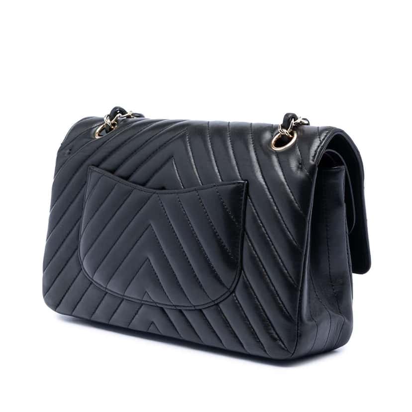 Chanel Medium Classic Chevron Lambskin Double Flap Black Leather Very good condition - Back View
