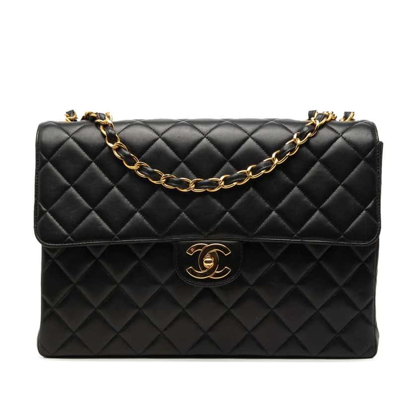 Chanel Jumbo Classic Lambskin Single Flap Black Leather Very good condition - Front View