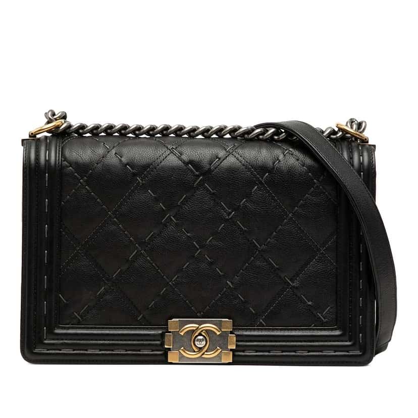 Chanel Medium Quilted Calfskin Wild Stitch Boy Flap Black Leather Good condition - Front View