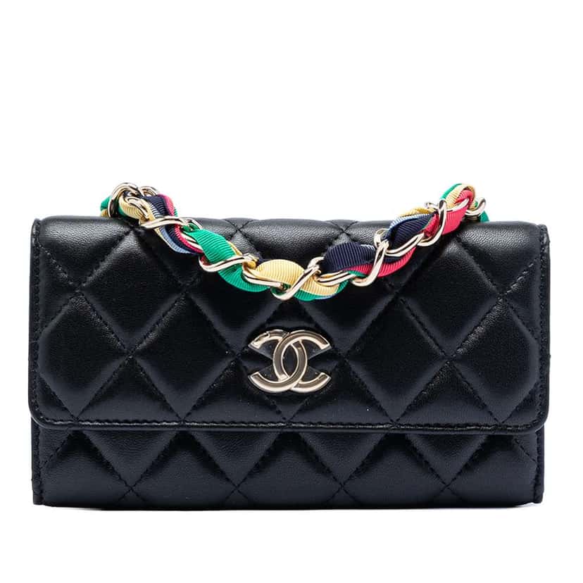 Chanel CC Quilted Shiny Lambskin Ribbon Long Clutch on Chain Black Leather Good condition - Front View