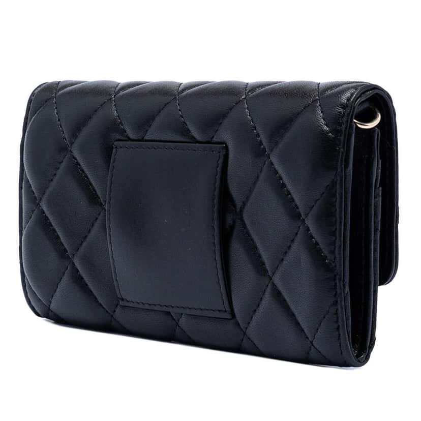 Chanel CC Quilted Shiny Lambskin Ribbon Long Clutch on Chain Black Leather Good condition - Back View