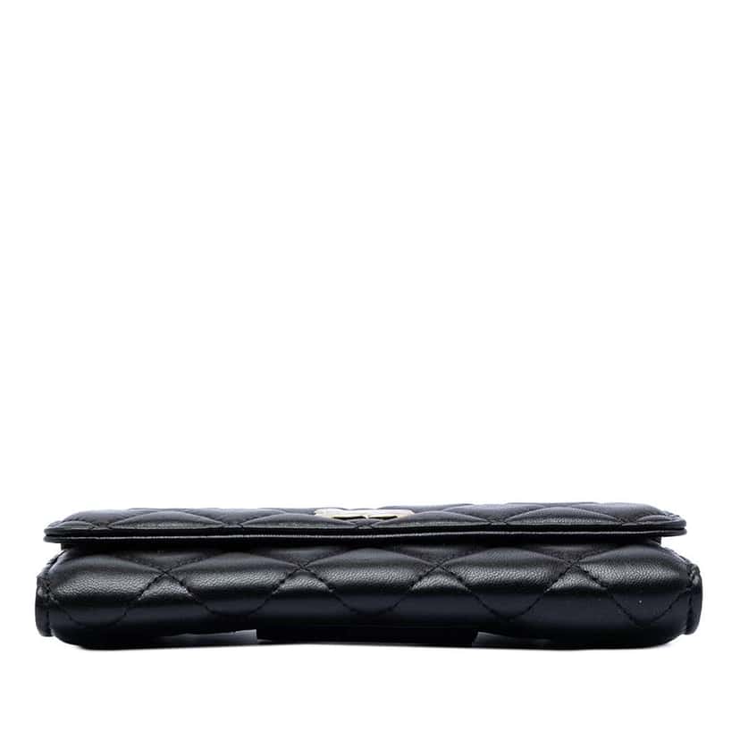 Chanel CC Quilted Shiny Lambskin Ribbon Long Clutch on Chain Black Leather Good condition - Inside View