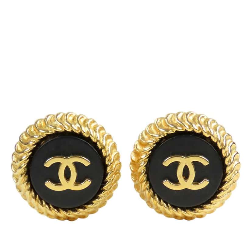 Chanel CC Gold Plated and Resin Round Button Clip On Earrings Gold Metal Good condition - Front View