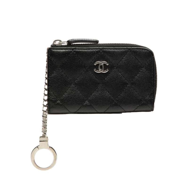 Chanel Quilted Caviar Zipped Key Holder Coin Case Black Leather Good condition - Front View
