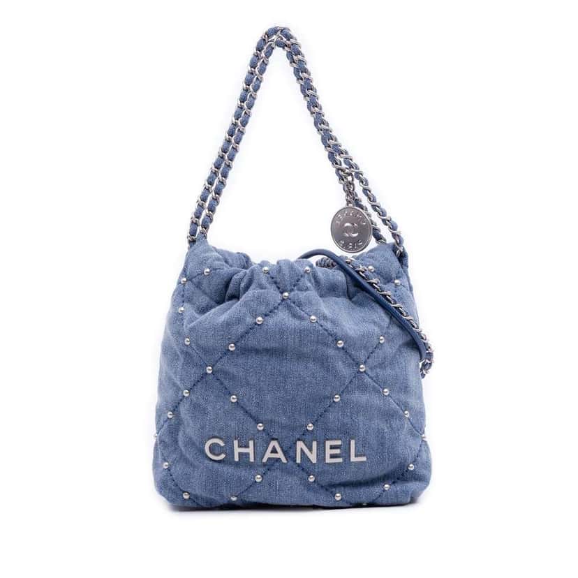 Chanel Mini Denim Studded 22 Handbag Blue Denim Very good condition - Front View