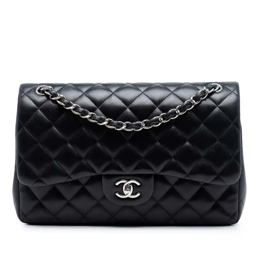 Chanel Jumbo Classic Lambskin Double Flap Black Leather Very good condition - Front View