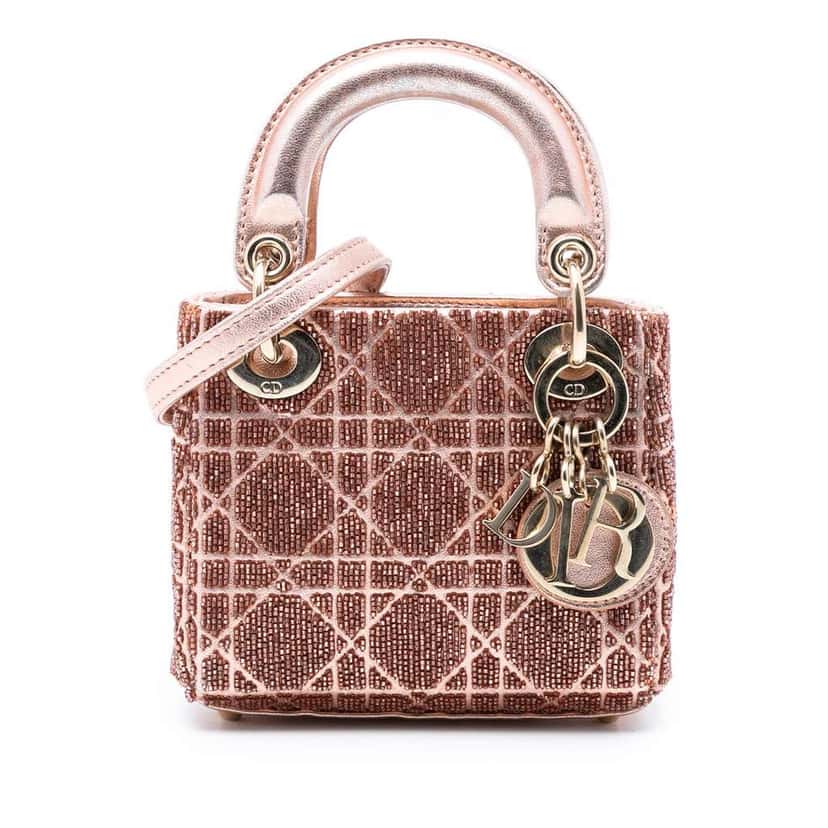 Dior Micro Metallic Calfskin Cannage Beaded Lady Dior Pink Leather Good condition - Front View