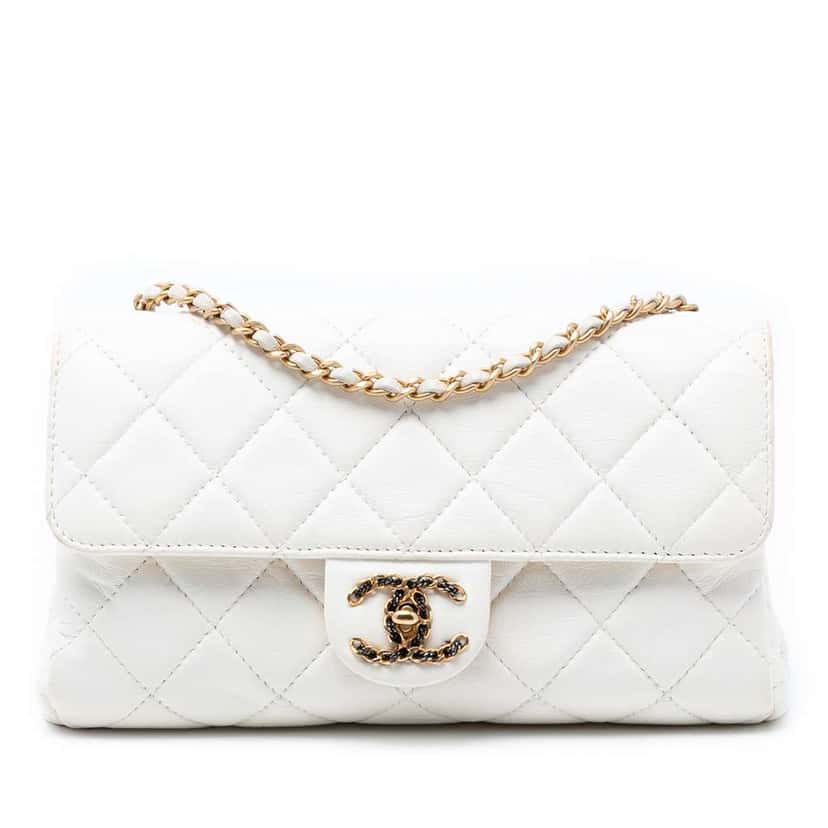 Chanel Small CC Quilted Aged Calfskin Accordion Flap White Leather Fair condition - Front View