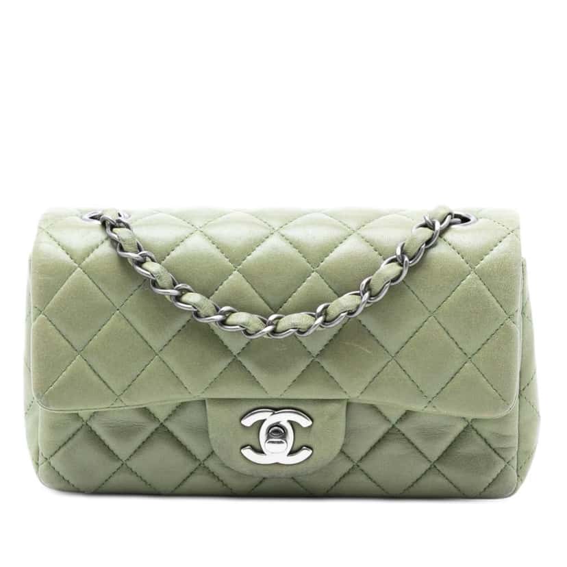 Chanel Mini Rectangular Classic Lambskin Single Flap Green Leather Very good condition - Front View