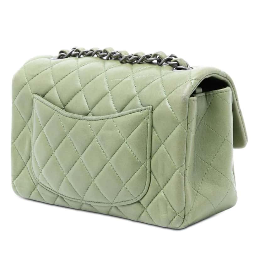 Chanel Mini Rectangular Classic Lambskin Single Flap Green Leather Very good condition - Back View