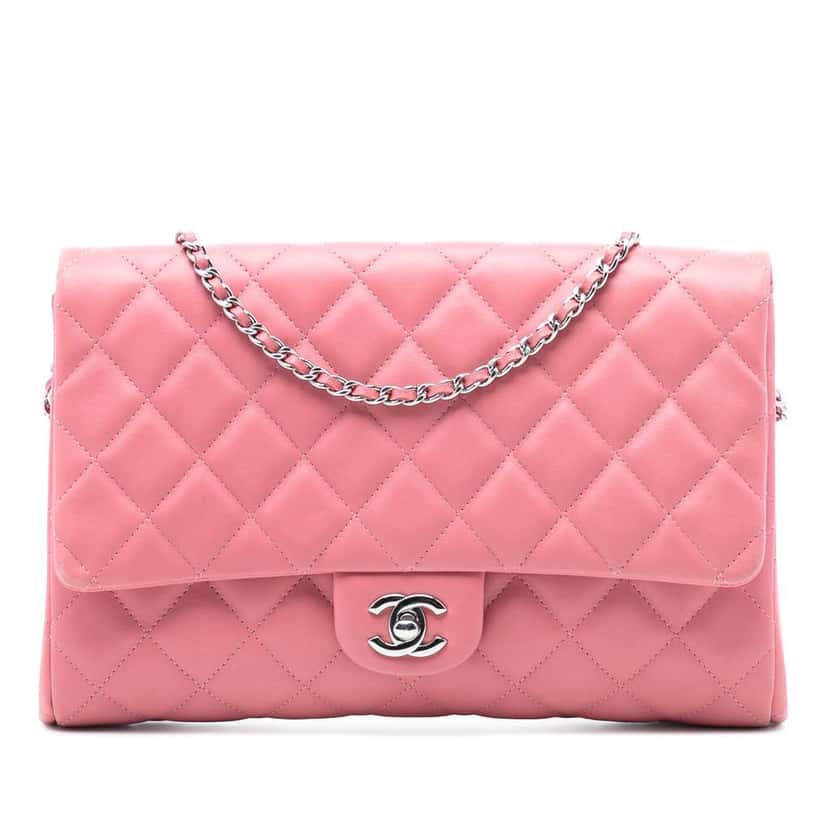 Chanel CC Quilted Lambskin Flap Clutch on Chain Pink Leather Very good condition - Front View