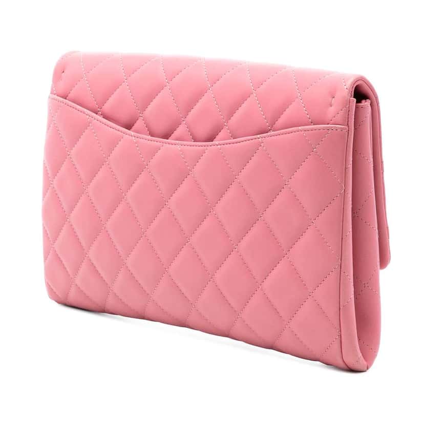 Chanel CC Quilted Lambskin Flap Clutch on Chain Pink Leather Very good condition - Back View