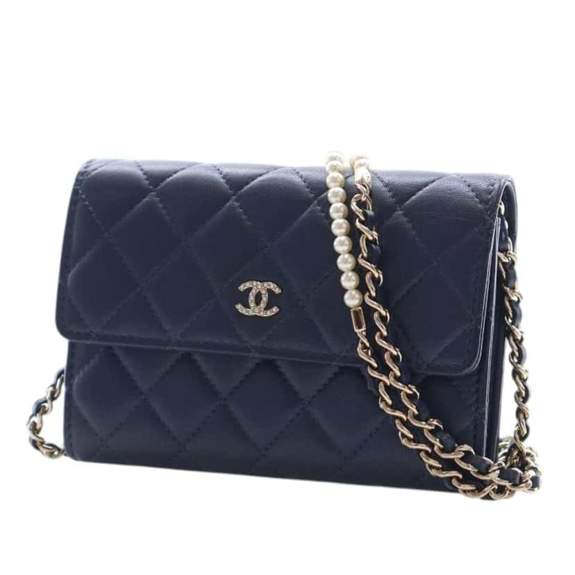 Chanel Mini CC Quilted Lambskin Pearl Wallet On Chain Blue Leather Very good condition - Inside View