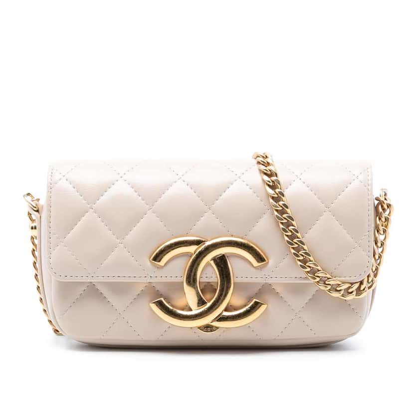 Chanel Quilted Lambskin Giant CC Flap Phone Holder with Chain Brown Leather Very good condition - Front View