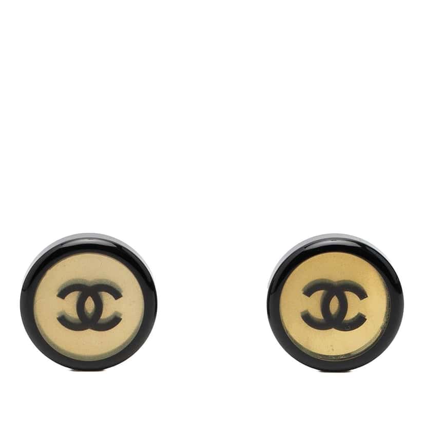 Chanel Silver Plated CC Resin Round Clip On Earrings Black Very good condition - Front View