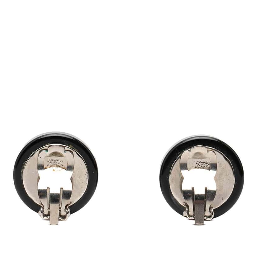 Chanel Silver Plated CC Resin Round Clip On Earrings Black Very good condition - Back View