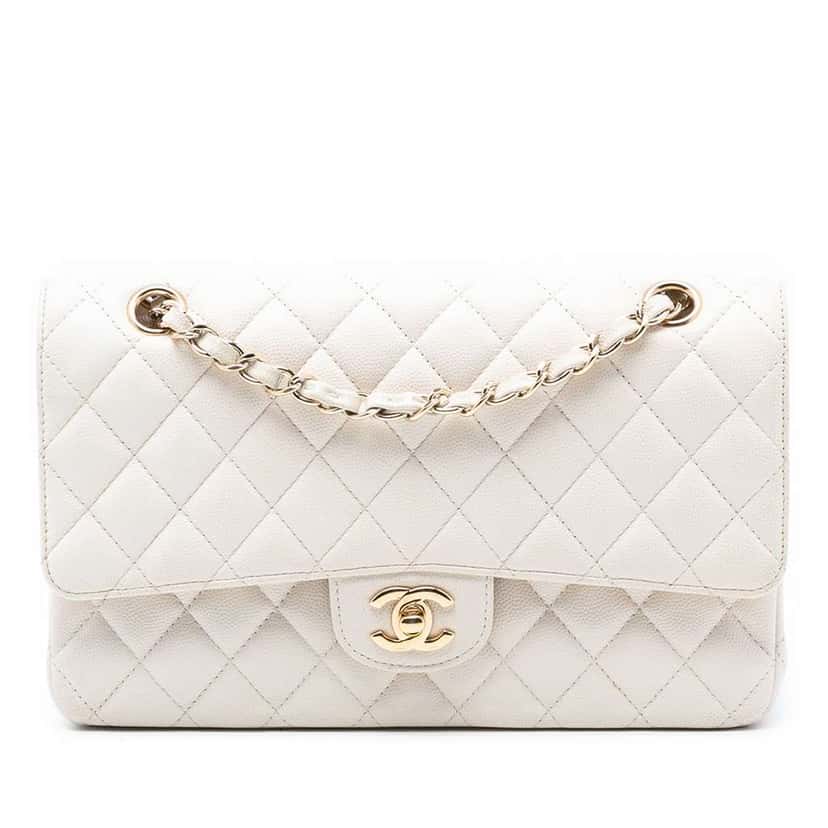 Chanel Medium Classic Caviar Double Flap White Leather Very good condition - Front View