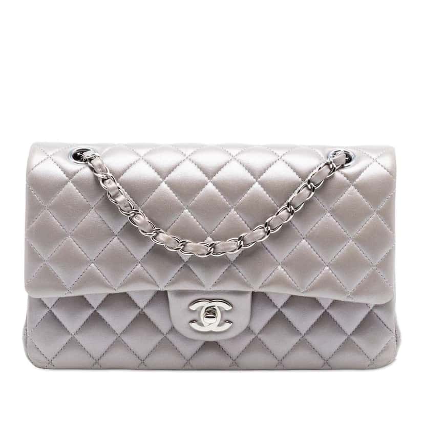 Chanel Medium Classic Metallic Lambskin Double Flap Grey Leather Very good condition - Front View