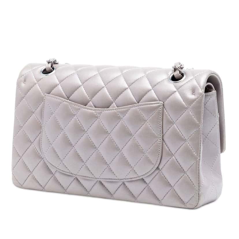 Chanel Medium Classic Metallic Lambskin Double Flap Grey Leather Very good condition - Back View