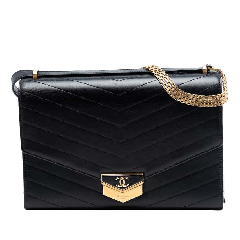 Chanel CC Chevron Calfskin Medal Flap Black Leather Very good condition - Front View