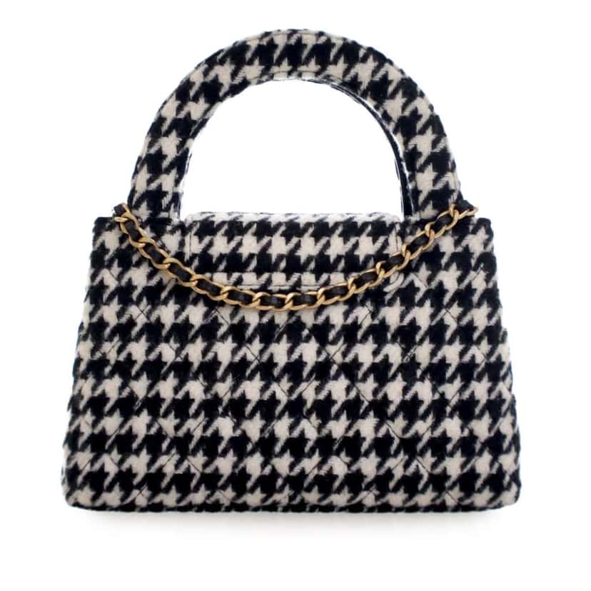 Chanel Nano Quilted Houndstooth Tweed Kelly Shopper Bag Black Tweed Never worn - Back View