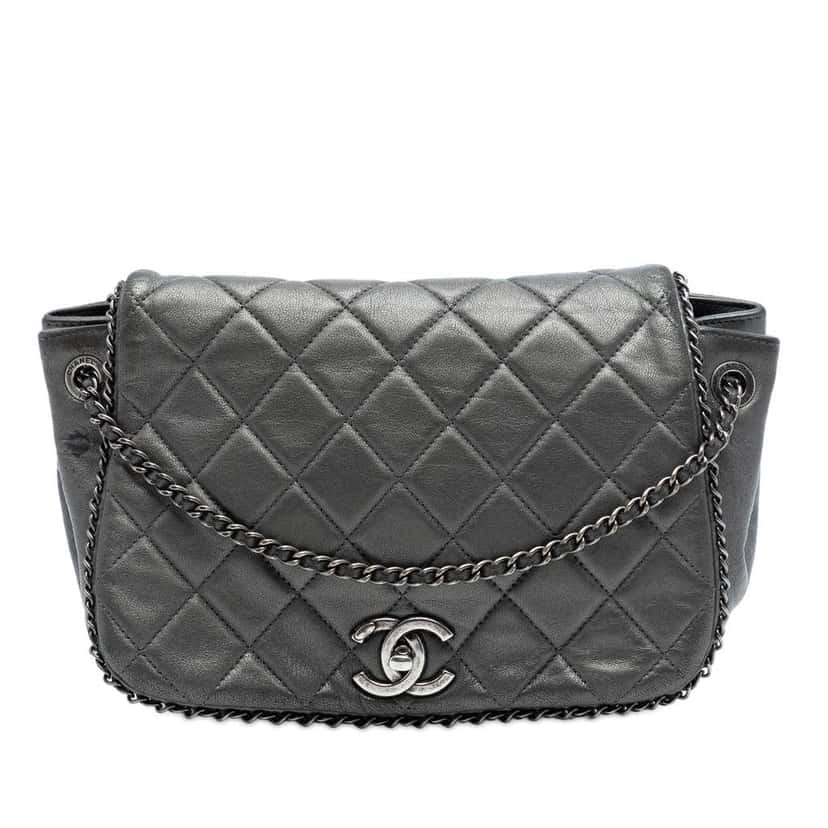 Chanel Small Quilted Calfskin CC Enchained Accordion Flap Grey Leather Very good condition - Front View
