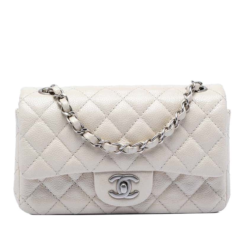 Chanel Mini Rectangular Classic Caviar Single Flap White Leather Very good condition - Front View