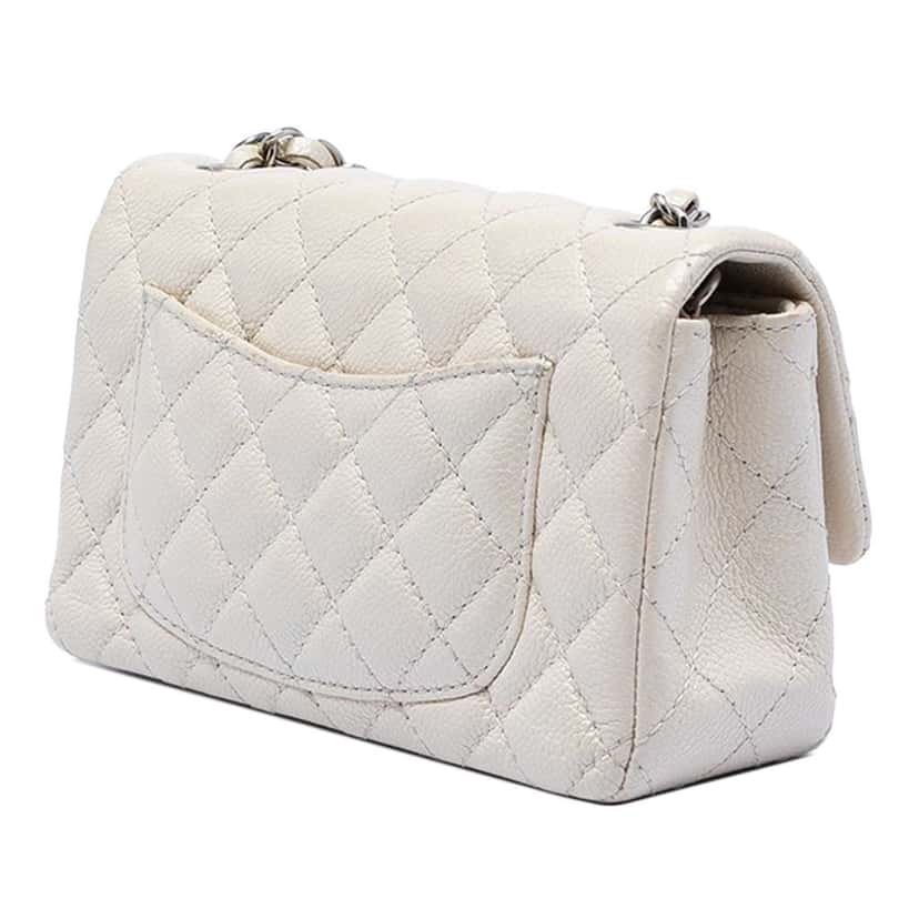 Chanel Mini Rectangular Classic Caviar Single Flap White Leather Very good condition - Back View