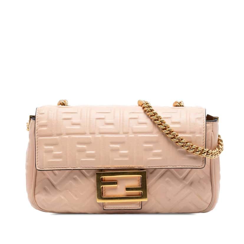 Fendi Zucca Embossed Leather Chain Midi Baguette Pink Leather Very good condition - Front View
