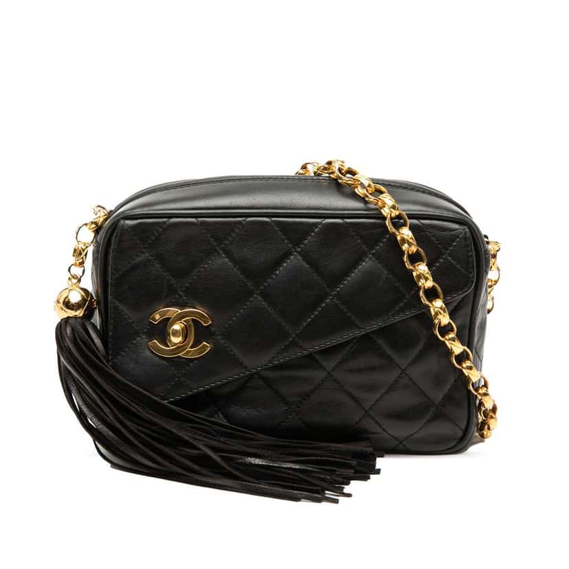 Chanel Mini CC Quilted Lambskin Tassel Camera Bag Black Leather Very good condition - Front View