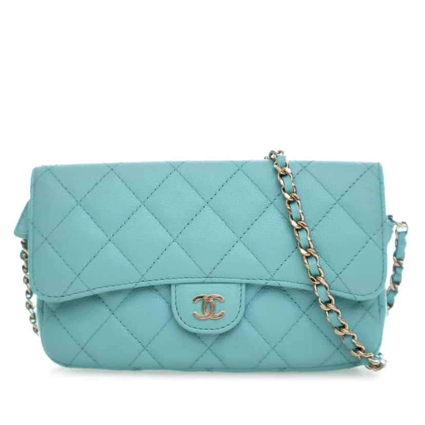 Chanel CC Quilted Caviar Flap Phone Holder Wallet on Chain Blue Leather Very good condition - Front View