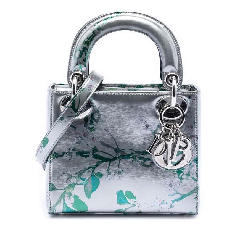 Dior Mini Metallic Lambskin Floral Printed Lady Dior Silver Leather Very good condition - Front View