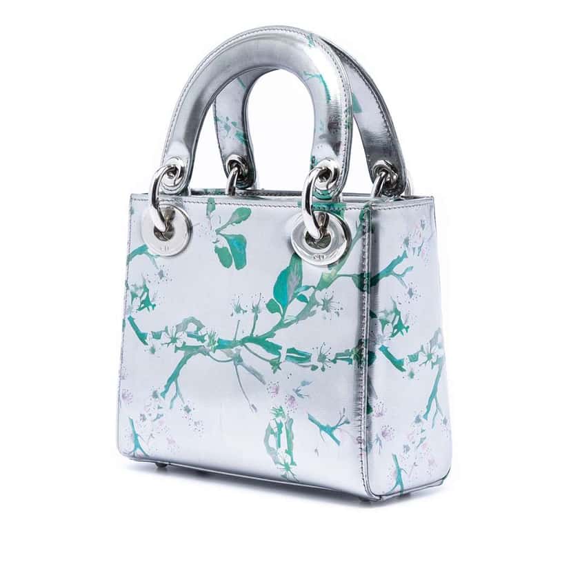 Dior Mini Metallic Lambskin Floral Printed Lady Dior Silver Leather Very good condition - Back View