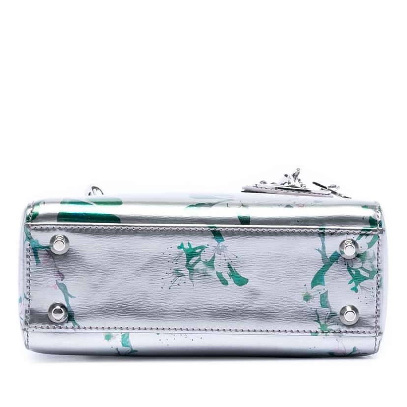 Dior Mini Metallic Lambskin Floral Printed Lady Dior Silver Leather Very good condition - Inside View